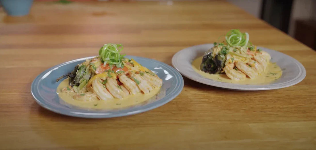 Encocado Shrimp with Poblano Stuffed Grits (Global Soul Kitchen)